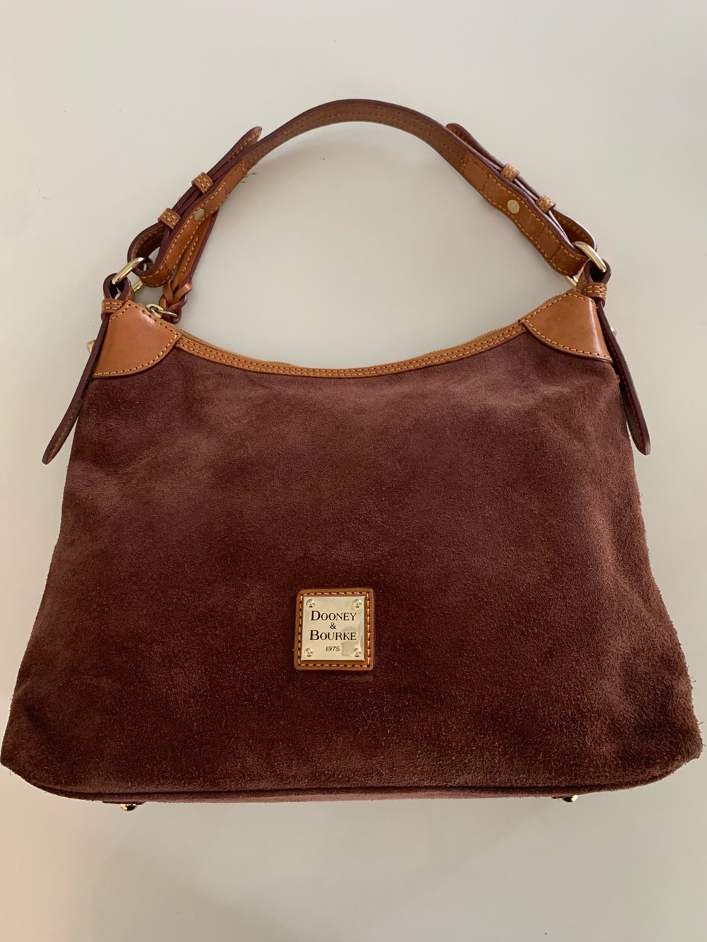 Dooney & Bourke Suede Leather Shoulder Hobo Bag, Brown Wine Slouch Tan Trim - Picture 3 of 14